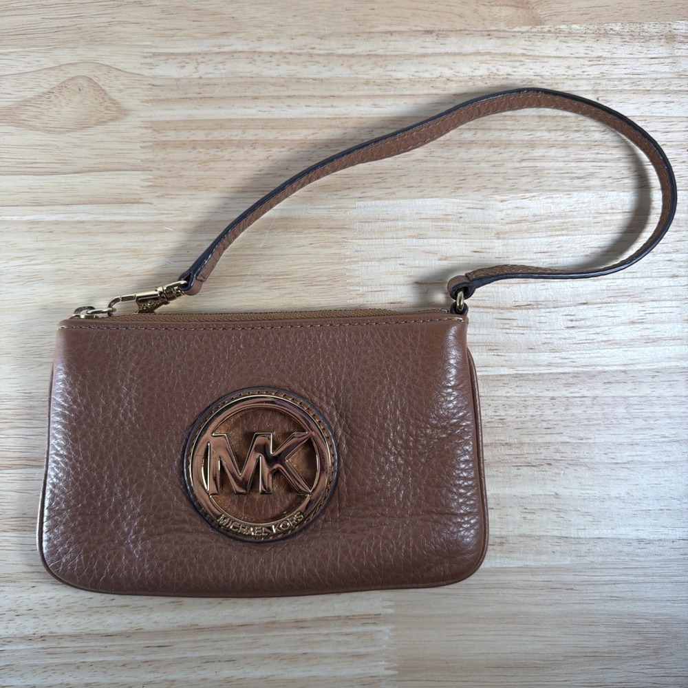 Michael Kors Brown Pebbled Wristlet Clutch Logo Gold Hardware Designer